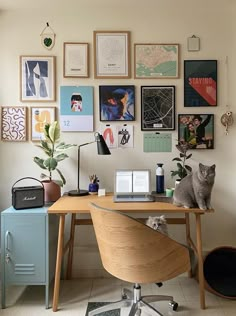 a cat sitting on top of a wooden desk