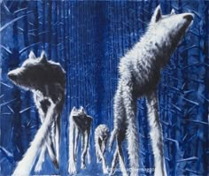 three wolfs are standing in the snow together