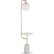 the floor lamp is white and gold with a round marble table top on one end