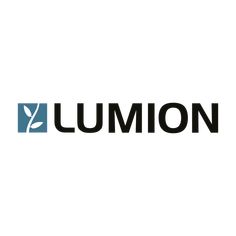 the lumion logo is shown in black and blue, with leaves on it