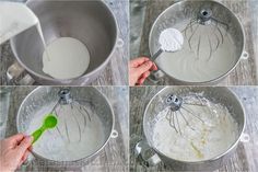 four pictures showing how to make whipped cream in a saucepan with whisk attachments