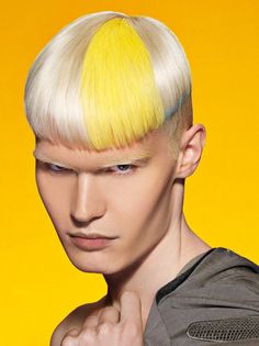 runway Neon Yellow Hair, Yellow Blonde Hair, Yellow Hair Color, Yellow Blonde, Rave Hair, Cool Mens Haircuts, Dyed Blonde Hair, Men Hair Color, Mens Hair