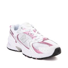 New Balance 530 Athletic Shoe - White / Pink Sugar | Journeys Womens Nike Sneakers Pink, New Balance Valentine, Running Shoes Rose, Pink Fitness Shoes, Cute Workout Shoes Adidas, Casual Pink Shoes Women, Pink And Gray Foam Runners, New Balance 550 Pink White, Pink Sneaker Shoes