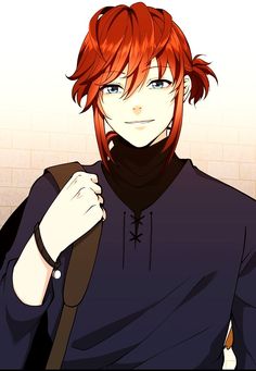 an anime character with red hair wearing a black shirt and holding a brown bag over his shoulder