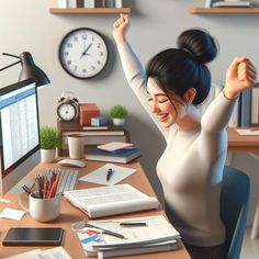 a woman sitting at a desk with her arms up in the air, and an open book