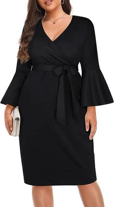 This Plus Size V Neck Bell Sleeve Wrap Pencil Dress features a flattering v-neckline and billowing bell sleeves, all designed to accentuate the feminine silhouette. It also has a wrap-style waistline that gives it a unique, stylish touch. This is the perfect dress for any special occasion. 95% Polyester, 5% Spandex Hand Wash Only The special 3/4 bell sleeve design makes this faux wrap dress perfect for spring, summer, and fall. Brand Size Dress Bust Waist Hip XS 0-2 31-32.5'' 23-24'' 31-34" S 4- Elegant Belted V-neck Midi Dress, Elegant Wrap V-neck Dress, Elegant Belted V-neck Wrap Dress, Elegant V-neck Belted Wrap Dress, Elegant Solid Color Bell Sleeve Dresses, Elegant Bell Sleeve Solid Dresses, Black Pencil Dress, Plus Size White, Winter Knit Hats