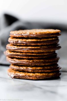 chocolate covered cookies stacked on top of each other