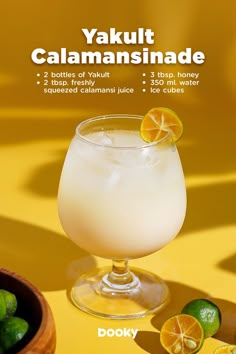 an advertisement for the yakult galaamainsanade with limes and oranges