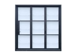 an open window on a white wall with black frame and glass panels in the middle