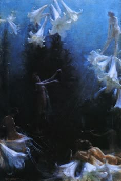 an oil painting with white doves flying around the person in the foreground and on the right