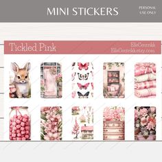 the pink stickers are all in different styles and sizes, with flowers on them