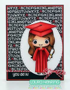 a handmade graduation card with a girl in a red cap and gown holding a diploma