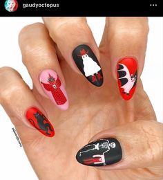 Funny Nail Art Designs, Cryptid Nails, Halloween Nails Short Almond, Horror Nails Halloween, Simple Halloween Nails Short, Weird Nail Art, Saw Nails, Ghost Face Nails, Halloween Nails Short