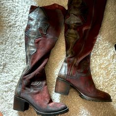 Western Style Knee High Boot (Slightly Over The Knee) Burgundy And Black With A Stunning Back Detail. Leather And Suede Combination. Hardly Worn And In Excellent Condition. Distressed Boots, Freebird By Steven, Western Style, Over The Knee Boots, Over The Knee, Knee High Boots, Western Fashion, The Knee, Knee High