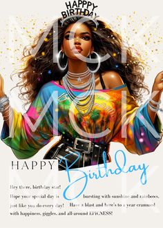 a birthday card with an image of a woman in a colorful outfit and the words happy birthday