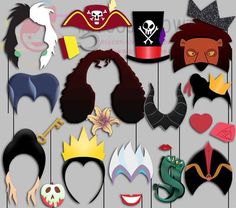 a bunch of different masks hanging on a wall with one wearing a crown and the other wearing a pirate hat