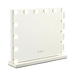 a white vanity mirror with multiple lights on the front and back sides that are dimmed