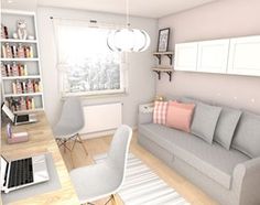 a living room filled with furniture next to a book shelf full of lots of books