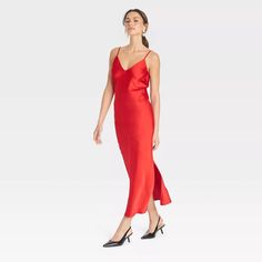 Women's Midi Slip Dress - A New Day™ Red M : Target Spaghetti Strap Slip Dress For Date Night, Casual Summer Slip Dress For Date Night, Casual V-neck Slip Dress For Night Out, Date Night Sleeveless Maxi Dress With Bias Cut, Casual Slip Dress With Spaghetti Straps For Date Night, Sleeveless Bias Cut Maxi Dress For Date Night, Fitted Slip Dress For Date Night In Spring, Fitted Midi Slip Dress For Daywear, Summer Satin Midi Dress For Date Night