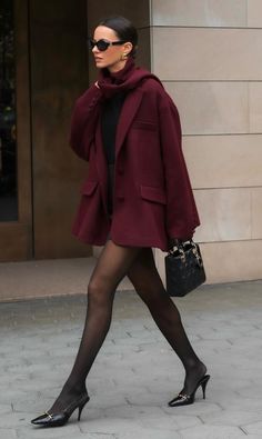 Red Dress Black Heels Outfit, Cherry Red Fashion Aesthetic, Cherry Tights Outfit, Cherry Style Outfit, Burgundy Red Outfit, Cherry Red Outfit Aesthetic, Cherry Red Fashion, Winter Heels Outfit, Outfit Paris Invierno