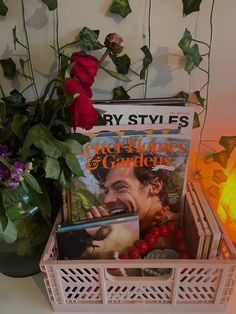 a basket filled with magazines next to a potted plant and red rose in the background