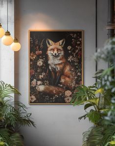 a painting hanging on the wall next to potted plants and two light bulbs in front of it