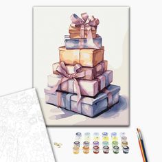 a drawing of a stack of wrapped presents with colored pencils and watercolor pens