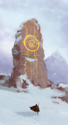 a digital painting of a person walking in the snow with a clock on it's face