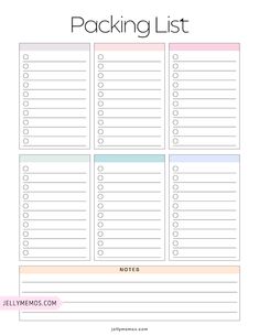 the printable packing list is shown in pink and blue