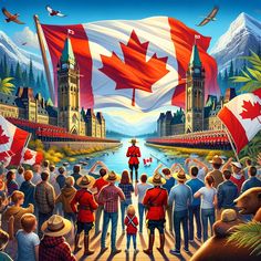 the canadian flag is flying in front of a large group of people