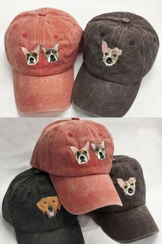 Set of three washed cotton baseball caps with embroidered dog faces. The front cap is faded red with two small dog faces, while the others are in dark shades, each with a single embroidered dog face. Embroidered Dog, Personalized Dog Gift, Personalized Hats, Dog Photo, Cat Portrait, Cat Portraits, Gift For Dog, Personalized Dog, Pet Lovers