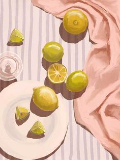 an oil painting of lemons on a plate with a pink towel and striped table cloth