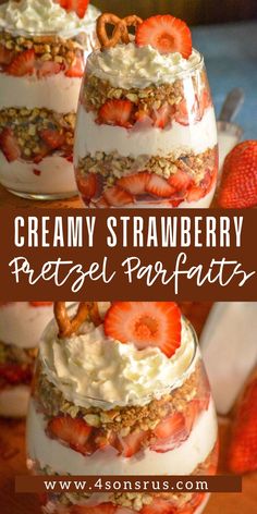 strawberry cheesecake parfait with whipped cream and strawberries in the bottom, topped with granola