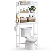 a white toilet sitting next to a shelf filled with bathroom items on top of it