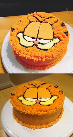 two pictures of a cake with orange frosting and an image of a tiger's face