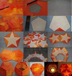 several pictures of different shapes and sizes of paper stars, with one being cut out