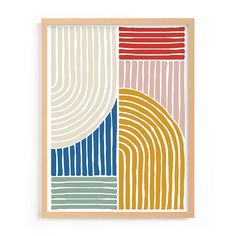 an art print with different colors and lines on the paper, in a wooden frame