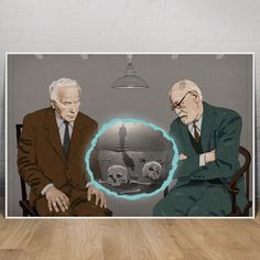 an image of two men sitting next to each other in front of a wall mural