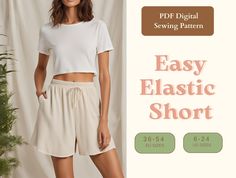 a woman wearing shorts and a crop top with the words easy elastic short below it