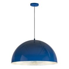 a blue pendant light hanging from a ceiling