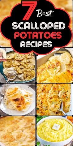 the 7 best scalloped potatoes recipe collage is featured in this postcard