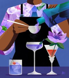 the bartender is preparing to serve two martinis with purple flowers in their beakers