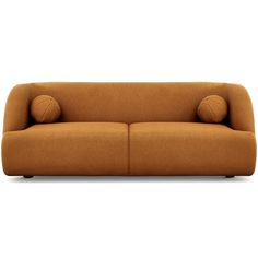 a brown couch with two pillows on it's back and one arm facing the camera