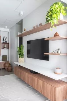 a flat screen tv sitting on top of a wooden entertainment center next to a plant