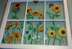 I painted the sunflowers on an old window "chris" Sunflower Painting Acrylic, Window Frame Art, Sunflowers Painting, Stained Glass Crafts, Old Windows, Sunflower Painting, Window Pane