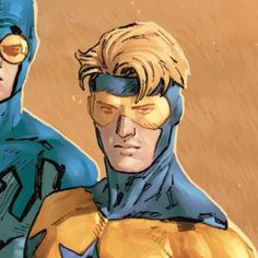 two superheros standing next to each other in front of a brown background with yellow and blue colors