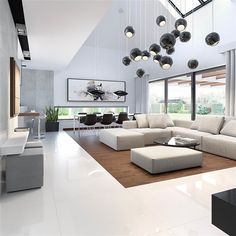 a modern living room with white furniture and large windows