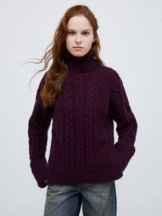 Rollkragenpullover aus Wolle mit Zopfmuster, bordeaux | MAX&Co. Max Co, Bordeaux