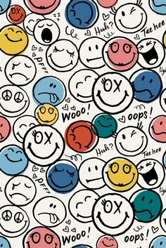 many different colored smiley faces on a white background with words written in the middle and below them