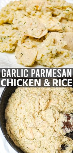 garlic parmesan chicken and rice casserole in a cast iron skillet